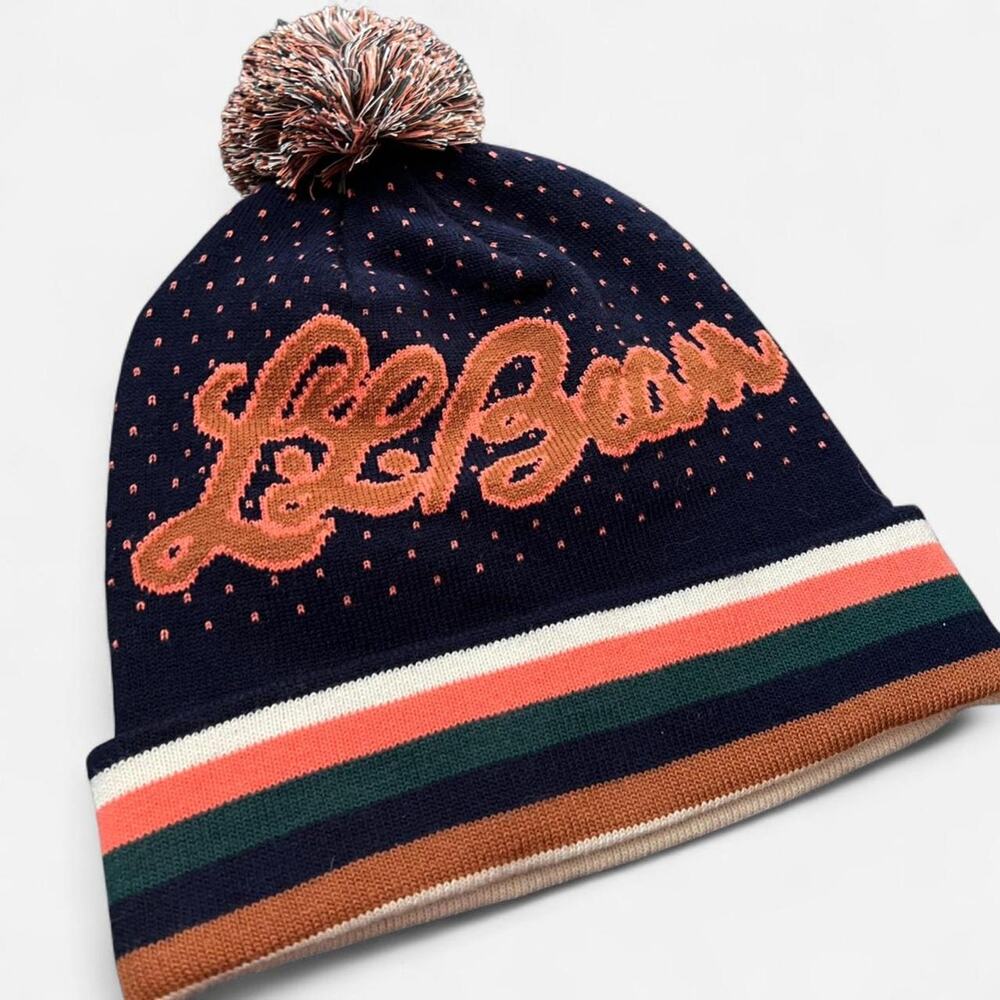 L.L.Bean Cursive Knit Pompom Beanie with Striped Cuff